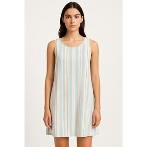 A NEW DAY Women's Shift Dress Linen Rayon Striped White Blue Size Medium